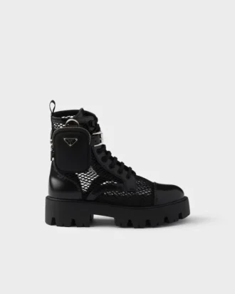 メッシュ生地とブラッシュドレザーのブーティ（ポーチ付き）